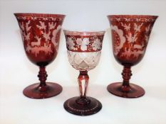 Two Bohemian glass wine vessels twinned with simil