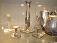 Two silver candlesticks & a tall silver silver vas