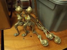 A set of reproduction brass fire dogs & similar co