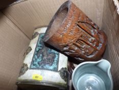 A carved Chinese brush pot & other items