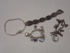 Four silver & white metal bracelets
