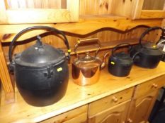 A Georgian copper kettle & three pieces of iron wa