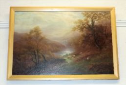 A 19thC. oil painting of sheep in wooded valley by