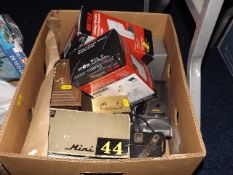 A box of cameras & other items
