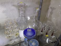 A 19thC. ring necked decanter & other glassware