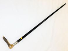 A pistol grip horn ebonised walking cane with silv