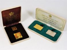 Three 22ct gold replica commemorative stamps & one