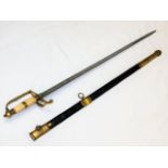 A steel bladed antique style sword with brass fittings to sword & scabbard