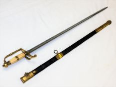 A steel bladed antique style sword with brass fittings to sword & scabbard