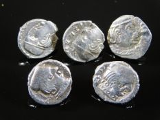 Five white metal Roman coin style buttons