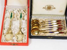Two sets of boxed enamelled Danish silver gilt spo