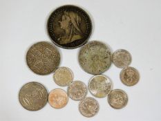 An 1893 silver Queen Victoria crown & other silver