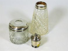 A silver topped cut glass tidy & other items
