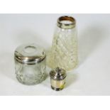 A silver topped cut glass tidy & other items