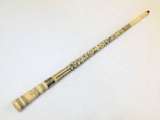 A bone walking cane with silver collar & scrimshaw style decor with silver collar inscribed presente