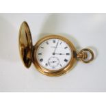 A gold plated full hunter Waltham pocket watch