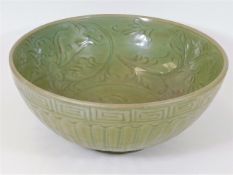 An early Chinese large Longquan celadon bowl 12in wide by 5in high