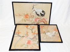 Three early 20thC. Japanese silk pictures depictin