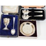 A small silver dish, a silver breakfast set & two