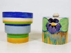 A Clarice Cliff Bizarre delecia pansy conserve jar twinned with Clarice Cliff Bizarre hooped pot