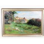 A framed impressionist oil by E. M. Woolhouse R.A dated 1905 depicting geese & cottage landscape, im