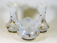 Three pieces of vaseline style glass with applied