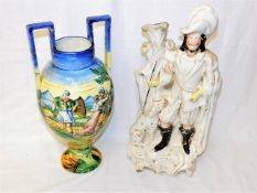 A large faience vases & a 19thC. Staffordshire fig