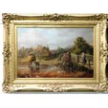 A gilt framed oil of horse & haycart within rural