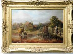 A gilt framed oil of horse & haycart within rural