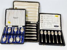 Two boxes of silver spoons & a box of silver handl