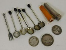 Five silver teaspoons, a silver cheroot holder wit
