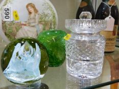 A Waterford crystal bon bon jar & two paperweights