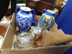 A boxed quantity of sundries & two vases