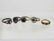 Two 9ct gold rings & three white metal others a/f