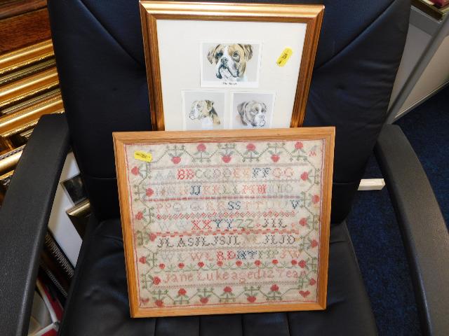 A vintage sampler Jane Luke aged 12 & a framed box