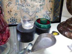 A cased glass measure twinned with small pewter sc