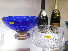 A Bristol blue bowl mounted twinned with a cut gla