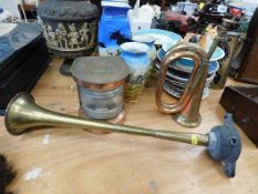 A brass ships horn, a copper bugle & a small ships