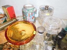A Whitefriars glass bowl, a silver topped sifter &