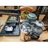 A small quantity of vintage tins, two plated coffe