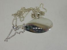 A silver teardrop pendant with chain