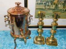 A copper & brass samovar twinned with pair of bras