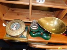 A set of modern kitchen scales & two vintage tins