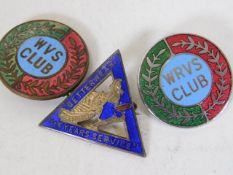 Three vintage badges including WRVS
