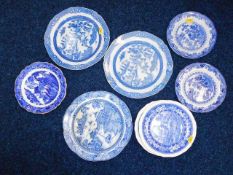 A pair of 18thC. pearlware plates & six other blue