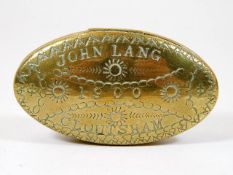 An antique brass snuff box inscribed John Lang 190