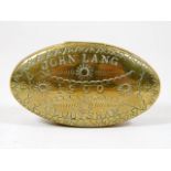 An antique brass snuff box inscribed John Lang 190