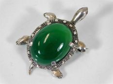 A German silver, jade & malachite turtle brooch