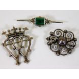 A Danish silver brooch, a malachite & silver brooc