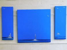 A contemporary seascape oil on canvas trilogy sign